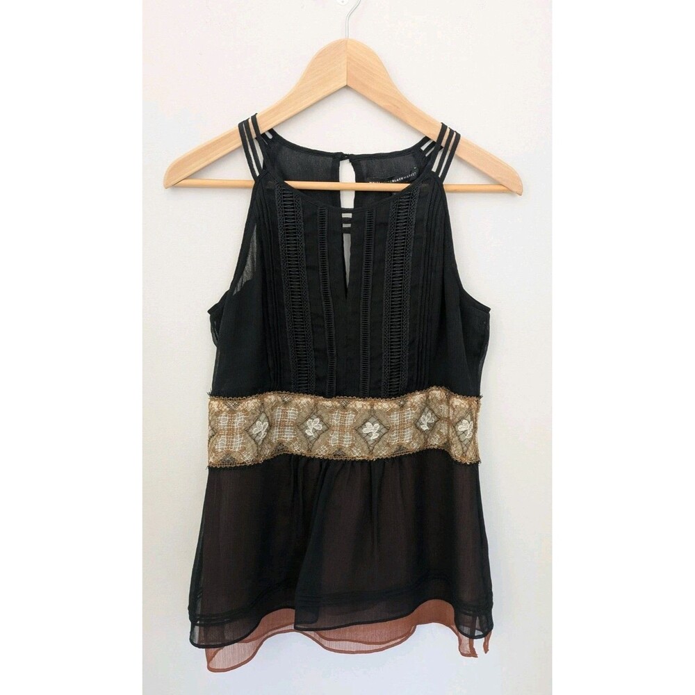 WHBM SZ XS Black Embroidered & Lace Sleeveless Halter Tiered Dark Feminine Top